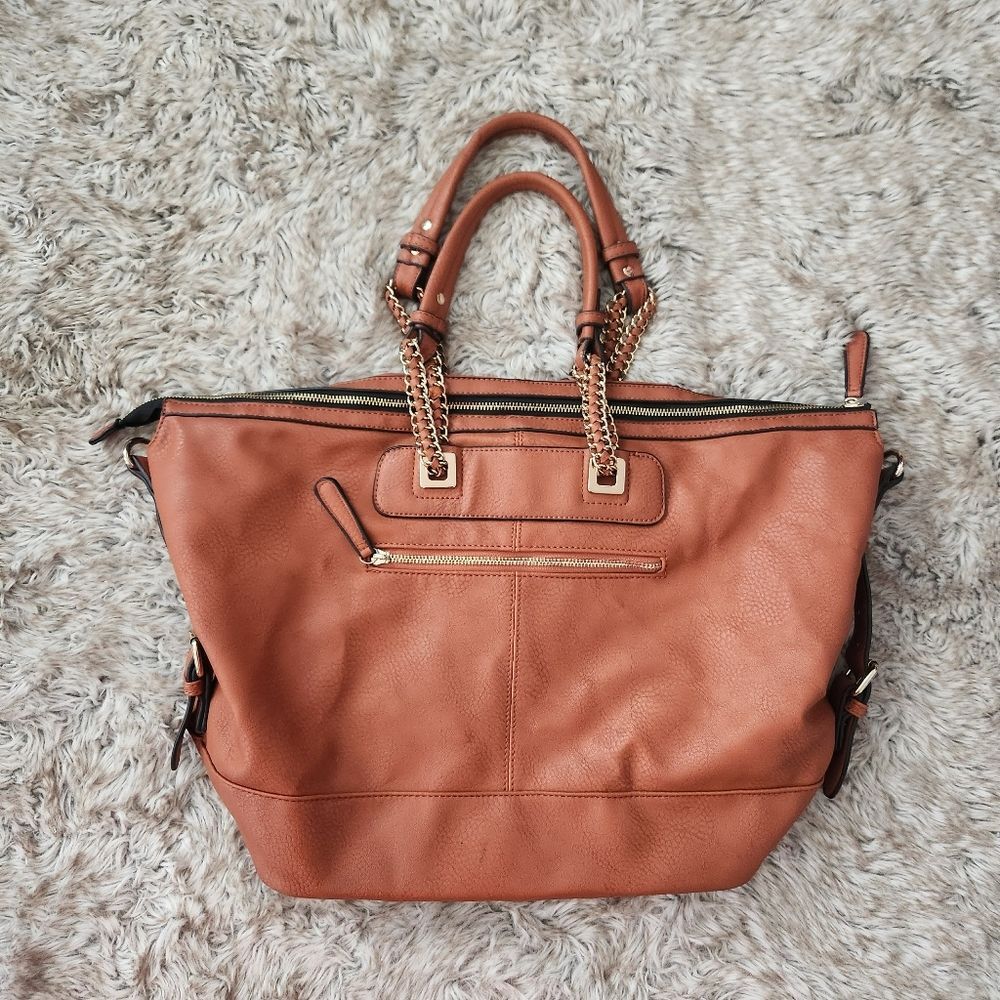 Urban Expressions Vegan Leather Chain‎ Handle Satchel Bag Brown
